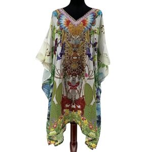Nazila Couture Silk Blend Kaftan Rhinestone Tropical Print One Size NWT